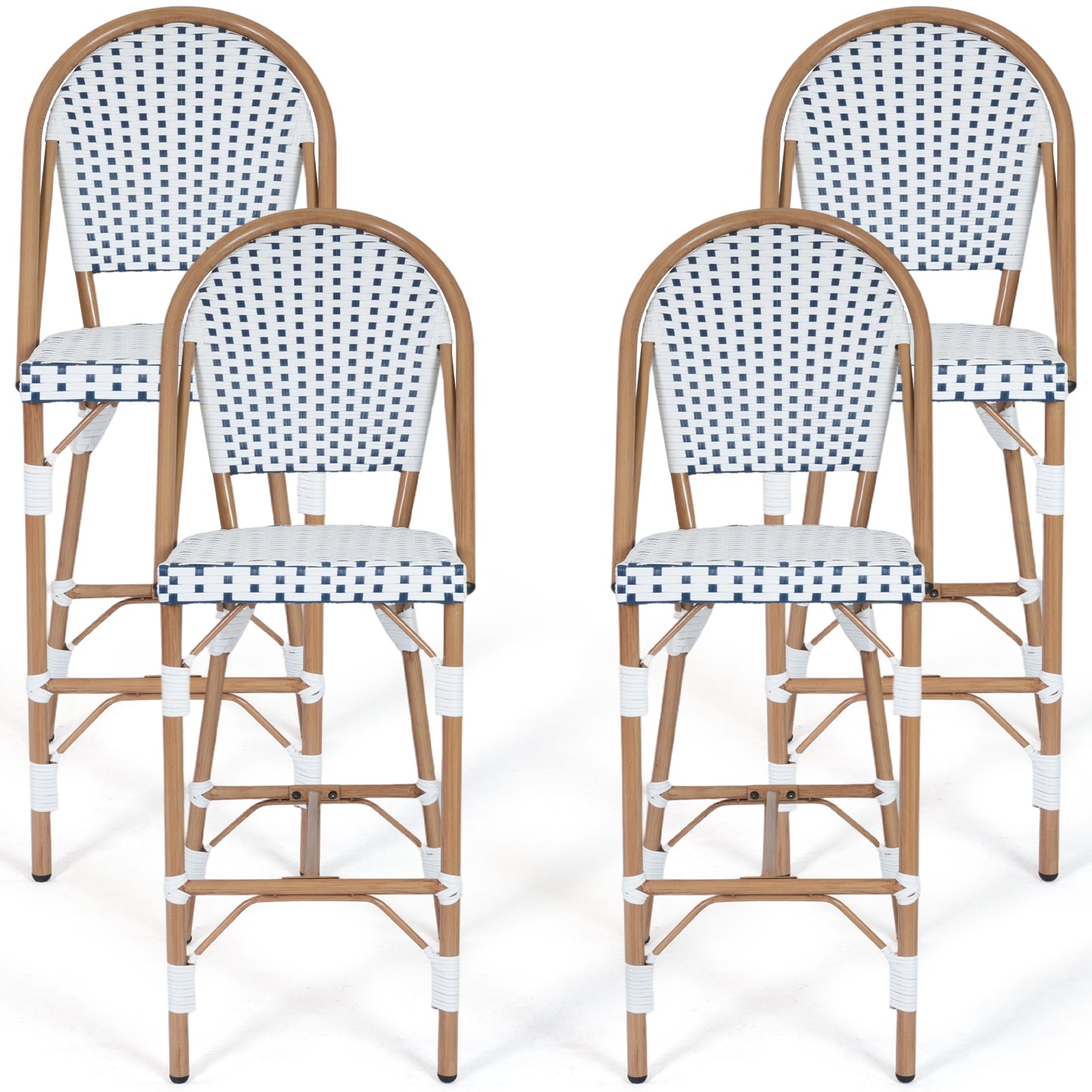 DELMANGO Bar Stool Set of 4 with Wood Print Finish French Counter Height Patio Rattan Bar Stool Chairs for Porch Garden Indoor Kitchen, White/Black