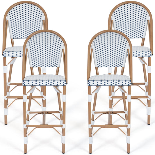 DELMANGO Bar Stool Set of 4 with Wood Print Finish French Counter Height Patio Rattan Bar Stool Chairs for Porch Garden Indoor Kitchen, White/Black