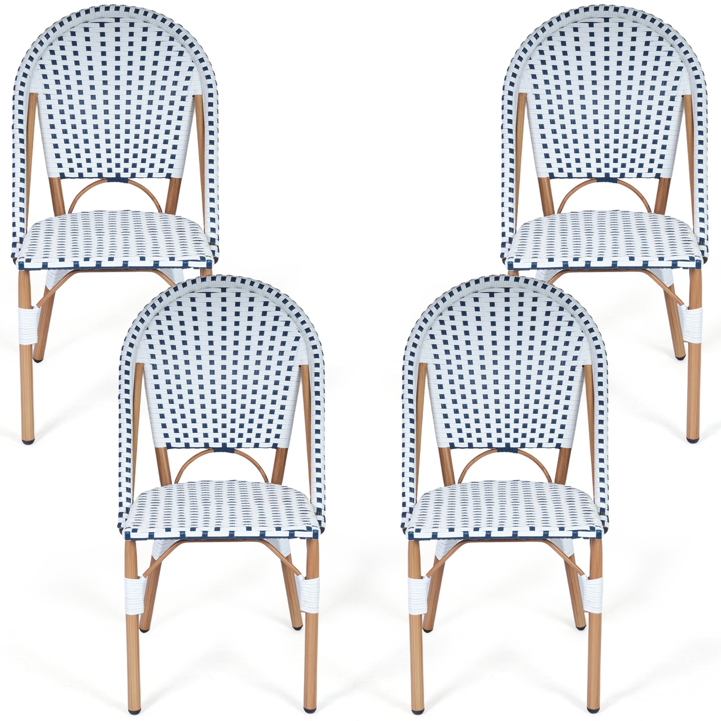 DELMANGO 4-Piece Wicker Outdoor French Bistro Chairs, Armless Dining Chairs with Metal Frame, Stackable Patio Chairs, White/Blue