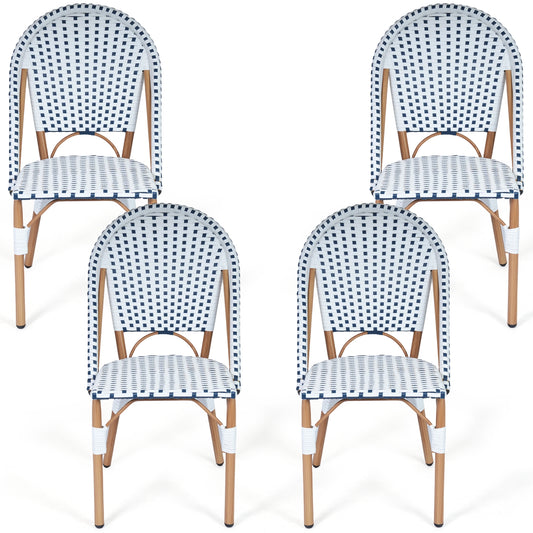 DELMANGO 4-Piece Wicker Outdoor French Bistro Chairs, Armless Dining Chairs with Metal Frame, Stackable Patio Chairs, White/Blue