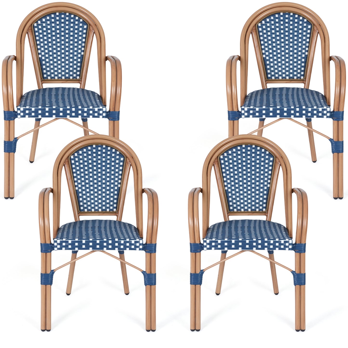DELMANGO Metal & Faux Rattan Bistro Chair,Outdoor Arm Dining Chairs, Stackable Patio Chairs, Blue/Black (Set of 4)