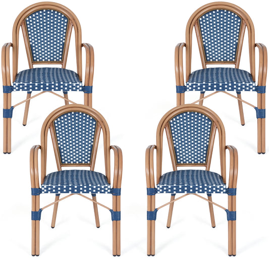 DELMANGO Metal & Faux Rattan Bistro Chair,Outdoor Arm Dining Chairs, Stackable Patio Chairs, Blue/Black (Set of 4)