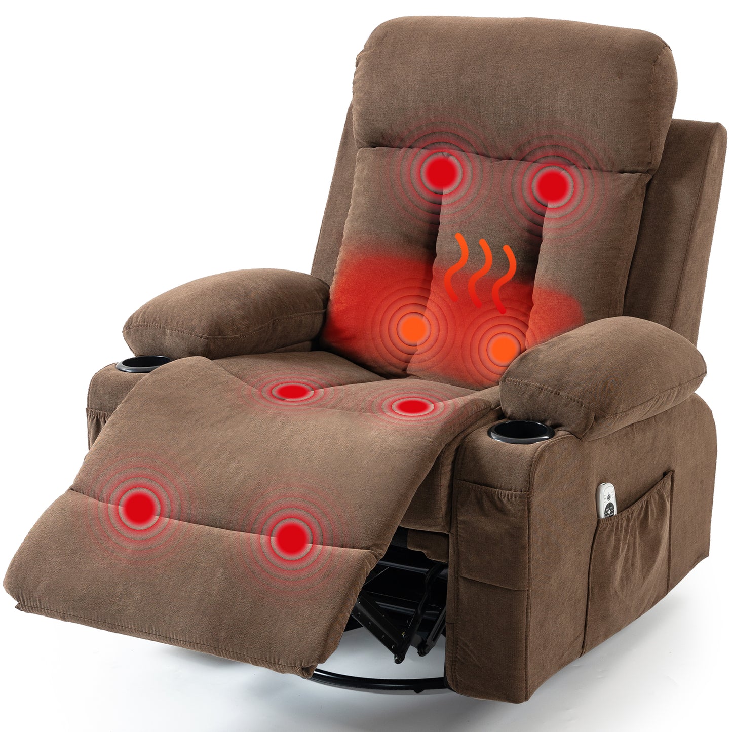 DELMANGO Swivel Rocker Recliner Chair with Vibration Massage & Heat, 360 Degree Rotating Lounge Chair for Adults, Ergonomic Rocking Chair with Side Pocket & Cup Holders, Brown