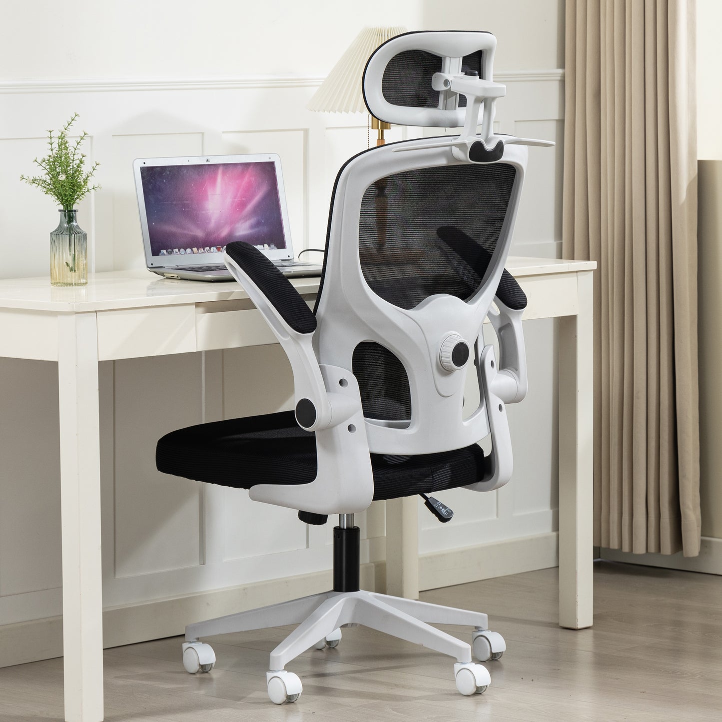 Delmango Office Chair, Ergonomic Desk Chair with Flip-up Arms, Coat Hook, Adjustable Headrest and Lumber Support, Mesh Computer Chair, 330 LBS, Gray