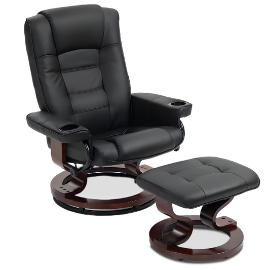 DELMANGO Swivel Recliner Chair with Ottoman, Wood Base Faux Leather Lounge Chair with Footrest, Accent Chair for Living Room & Bedroom, Black