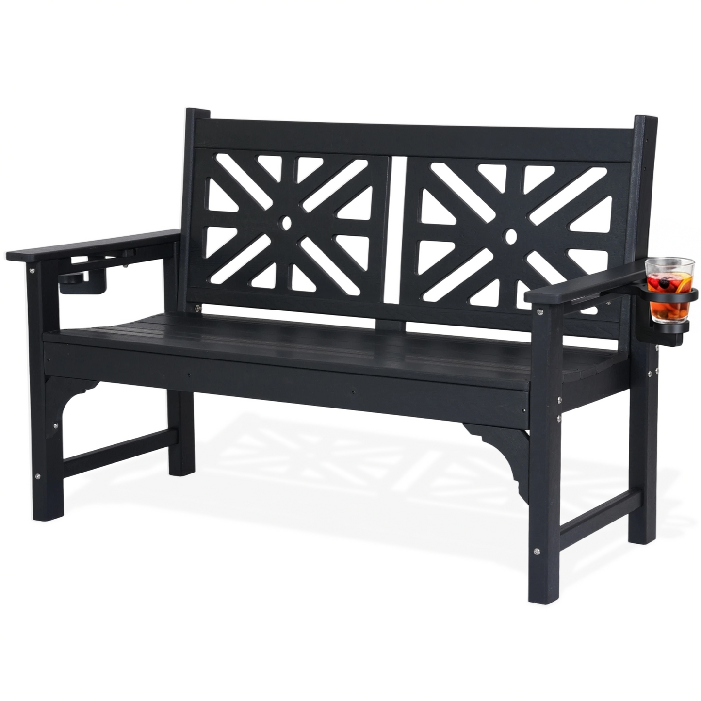 DELMANGO Outdoor Bench with Cup Holders, HDPE Weatherproof Garden Bench 2-Person, Fade/Rot Resistance Patio Benches for Porch and Park, Black