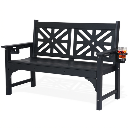 DELMANGO Outdoor Bench with Cup Holders, HDPE Weatherproof Garden Bench 2-Person, Fade/Rot Resistance Patio Benches for Porch and Park, Black