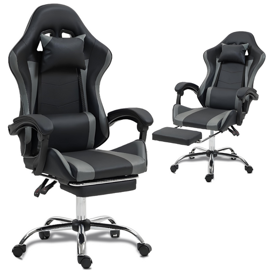DELMANGO Ergonomic Video Game Chair with Massage Lumbar Support, Adjustable Headrest & Footrest, 90-135¡ã Recline & 360¡ã Swivel, Grey