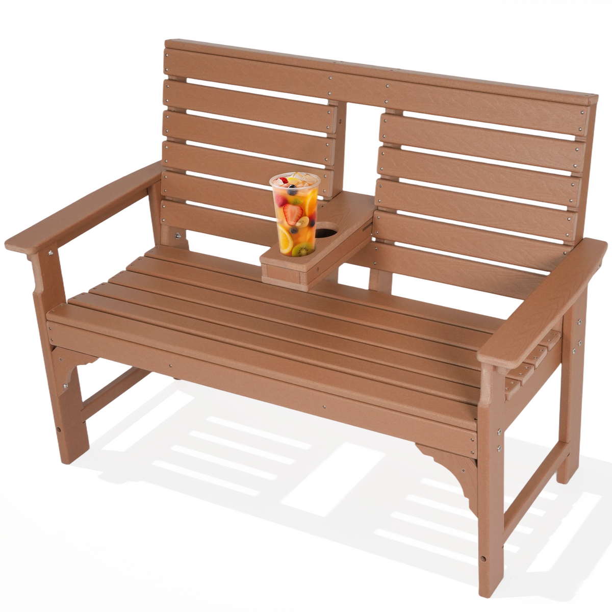 DELMANGO Outdoor Bench with Cup Holders, HDPE 2-Person Weatherproof Patio Benches, Fade/Rot Resistance, Garden Bench for Front Porch Backyard, Brown