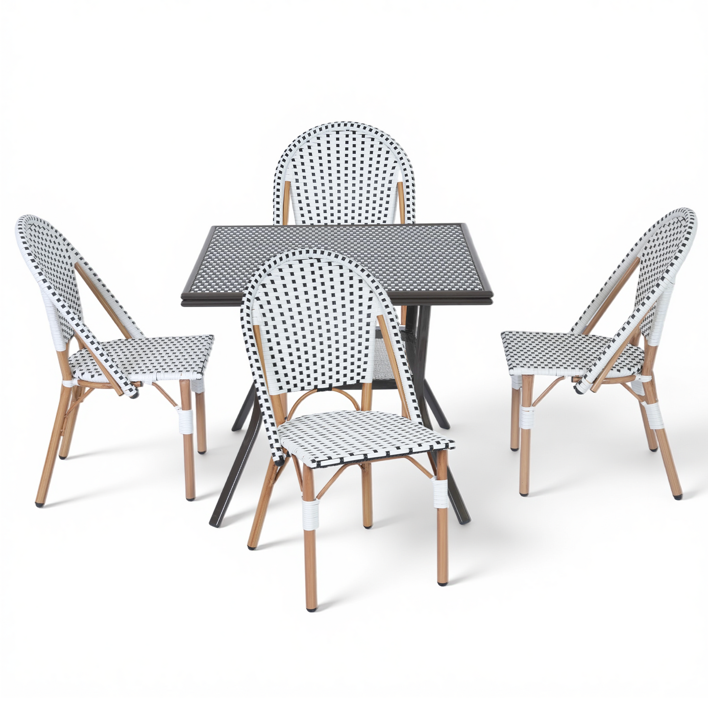 DELMANGO 5 Piece Bistro Table Chair Set, Outdoor Wicker Square Table and 4 Armless Dining Chairs for Garden Balcony Porch, Black/White (Copy)