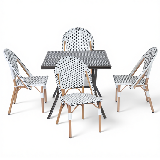 DELMANGO 5 Piece Bistro Table Chair Set, Outdoor Wicker Square Table and 4 Armless Dining Chairs for Garden Balcony Porch, Black/White (Copy)