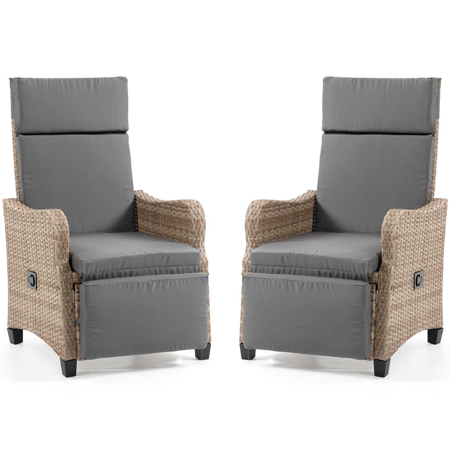 DELMANGO 2-in-1 Outdoor Recliner Chair set of 2, Gray – Rocking/Flat Footrest, 90°–135° Reclining Backrest, Rattan Wicker & Removable Cushion for Patio, Garden, Balcony, Porch