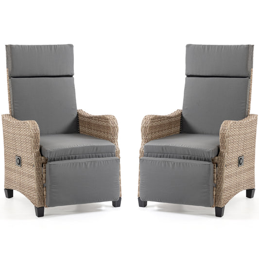 DELMANGO 2-in-1 Outdoor Recliner Chair set of 2, Gray – Rocking/Flat Footrest, 90°–135° Reclining Backrest, Rattan Wicker & Removable Cushion for Patio, Garden, Balcony, Porch