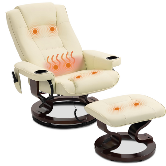 DELMANGO Swivel Massage Recliner with Ottoman, Adjustable Recline Wood Base Faux Leather Lounge Chair, Footrest Accent Chair for Living Room & Bedroom, Beige