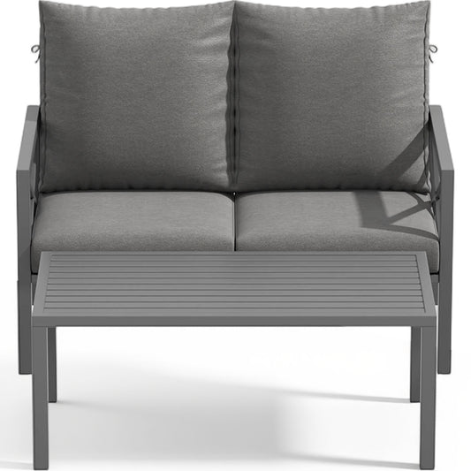 DELMANGO 2 Pieces Patio Furniture Set, Cushioned Loveseat 2 Seats Sofa Bench with Metal Coffee Table, Grey