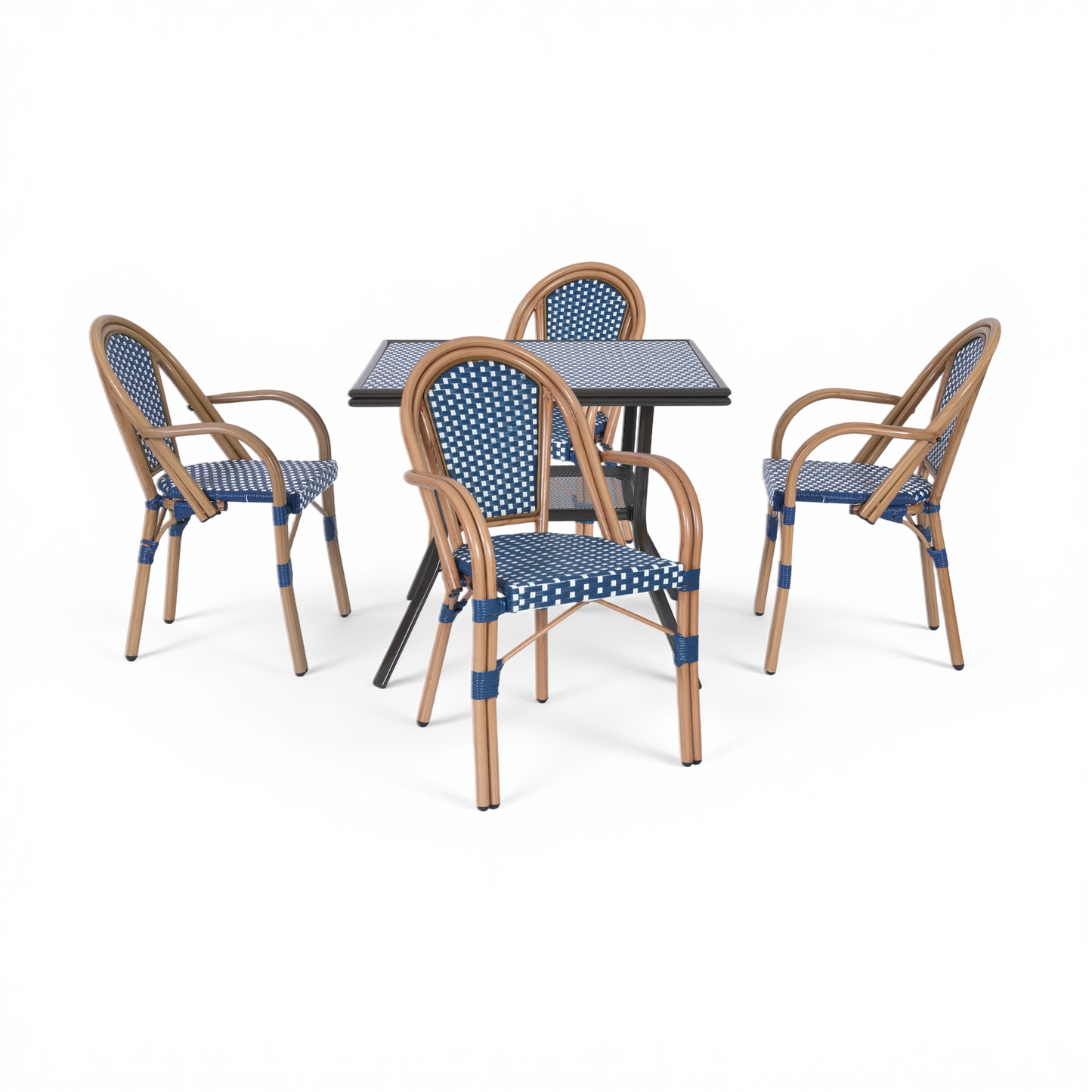 DELMANGO 5 Piece Bistro Table Chair Set, Outdoor Wicker Square Table and 4 Dining Chairs for Garden Balcony Porch, Blue/White