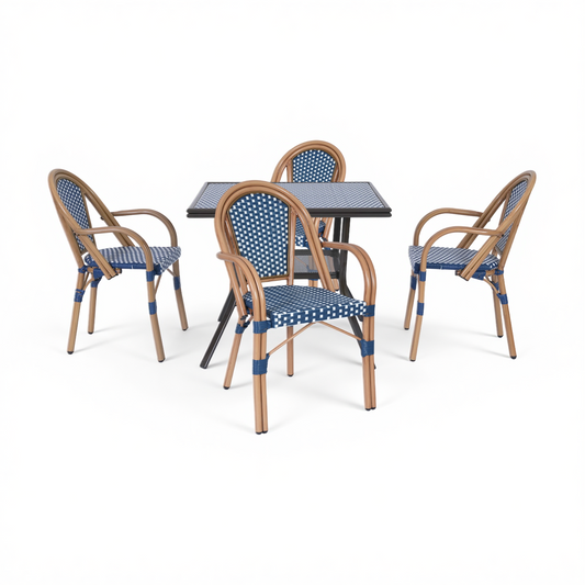 DELMANGO 5 Piece Bistro Table Chair Set, Outdoor Wicker Square Table and 4 Dining Chairs for Garden Balcony Porch, Blue/White