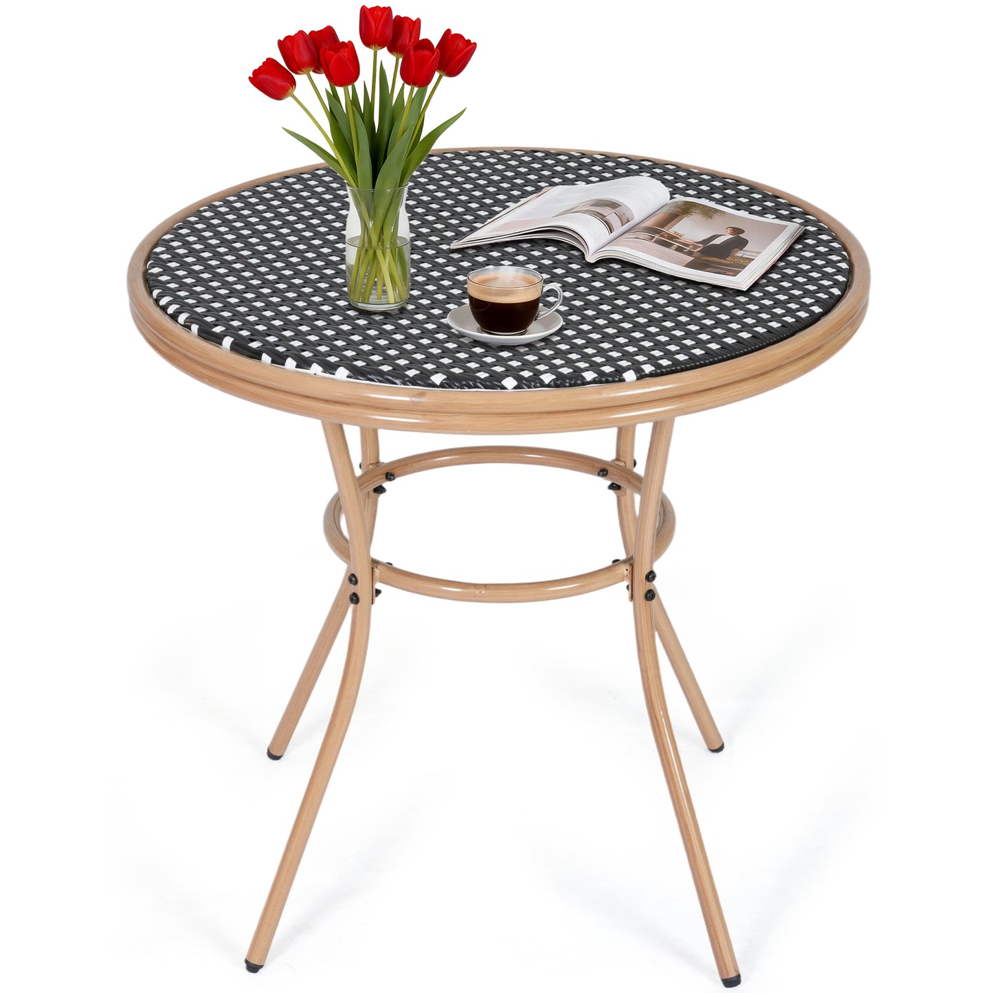 DELMANGO Round Outdoor Bistro Table with Matal Frame and Adjustable Foot Pads for Garden Balcony, Blue/White