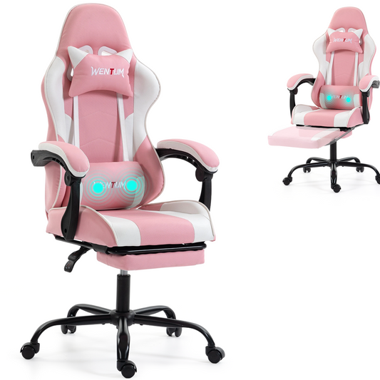 DELMANGO Ergonomic Reclining Gaming Chair with Linkage Armrests & Footrest, Racing Style Office Chair, PU Leather Computer Desk Chair, Pink