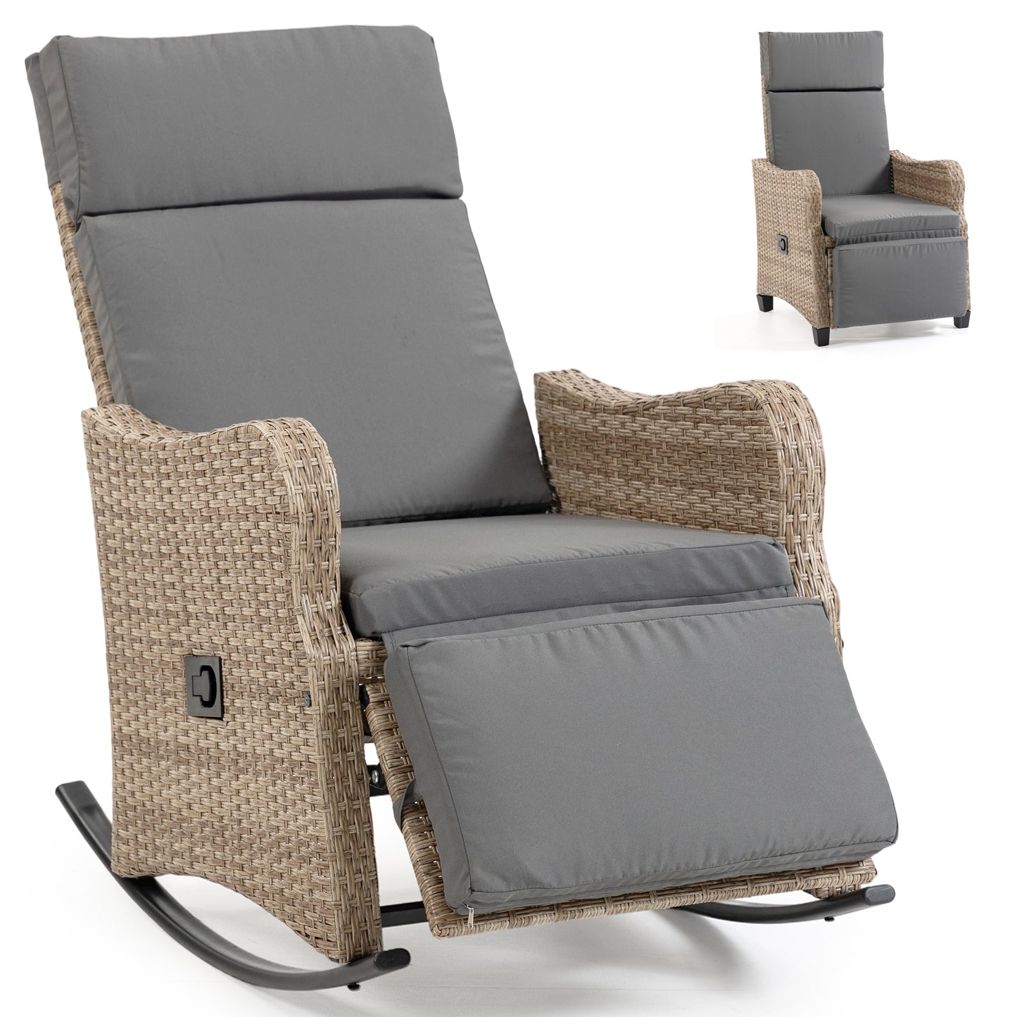 DELMANGO 2-in-1 Outdoor Recliner Chair, Gray – Rocking/Flat Footrest, 90°–135° Reclining Backrest, Rattan Wicker & Removable Cushion for Patio, Garden, Balcony, Porch