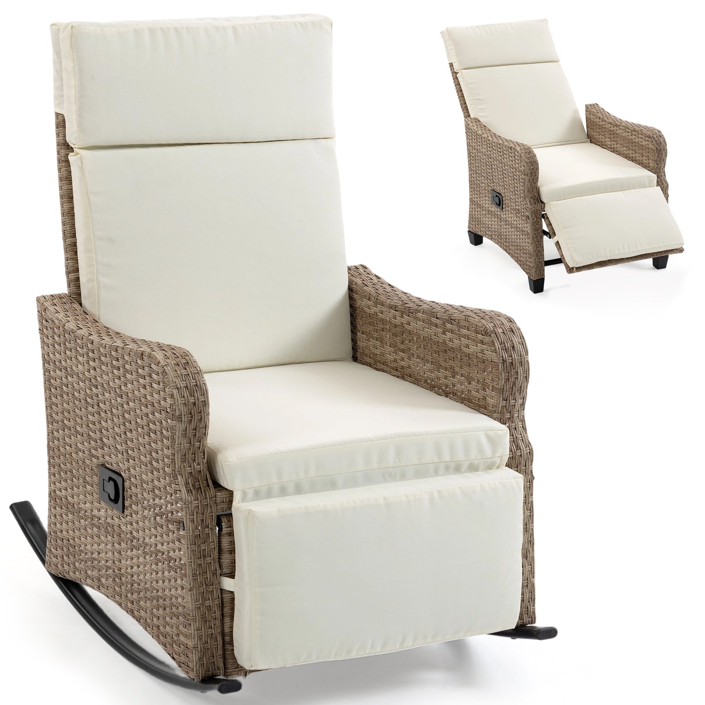 DELMANGO 2-in-1 Outdoor Recliner Chair, White – Rocking/Flat Footrest, 90°–135° Reclining Backrest, Rattan Wicker & Removable Cushion for Patio, Garden, Balcony, Porch