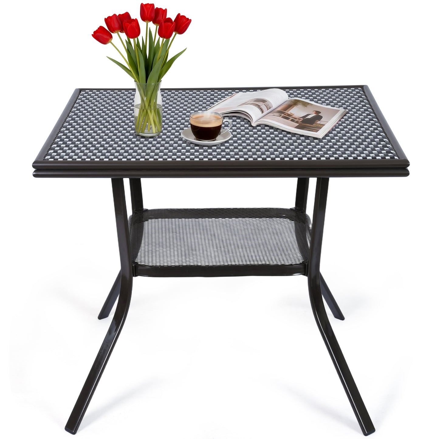 DELMANGO Square Outdoor Bistro Table with Matal Frame and Adjustable Foot Pads for Garden Balcony, Black/White