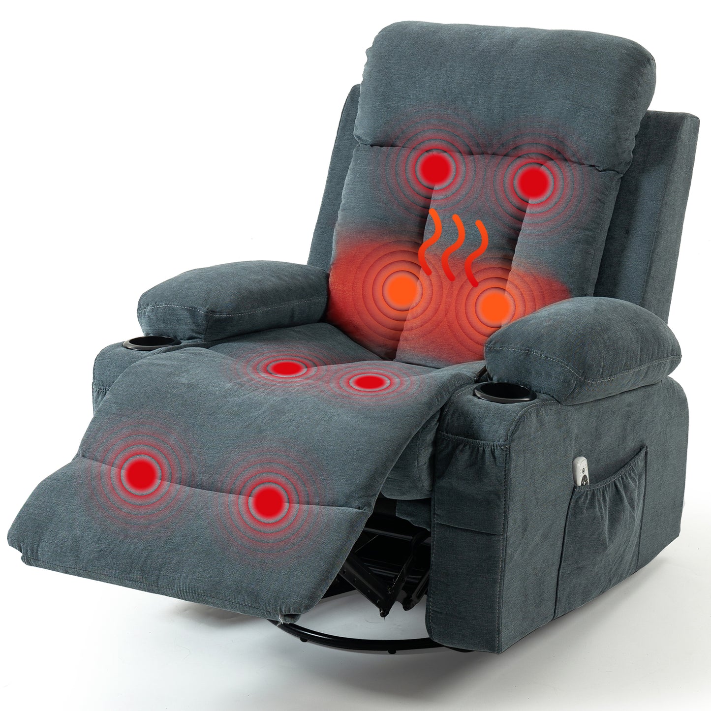 DELMANGO Swivel Rocker Recliner Chair with Vibration Massage & Heat, 360 Degree Rotating Lounge Chair for Adults, Ergonomic Rocking Chair with Side Pocket & Cup Holders, Blue