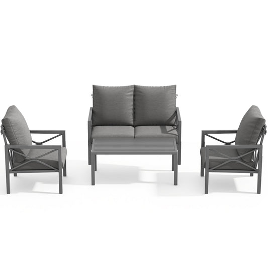 DELMANGO 4 Pieces Patio Furniture Set, Metal Outdoor Patio Furniture Conversation Set with Coffee Table, Outdoor Sofa Sets for Balcony, Porch, Poolside, Grey