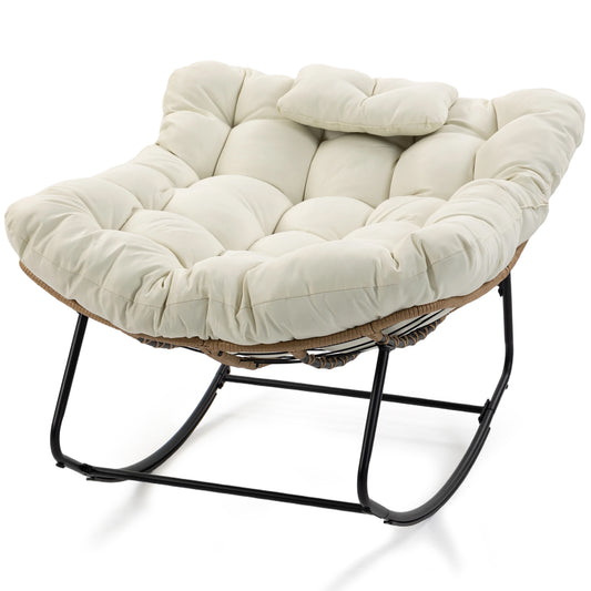 DELMANGO Rocking Egg Chair Outdoor Patio lounger with Thick Cushion Oversized Wicker Rocker Indoor Papasan lawn Chair for Living room Bedroom Porch Balcony Beige