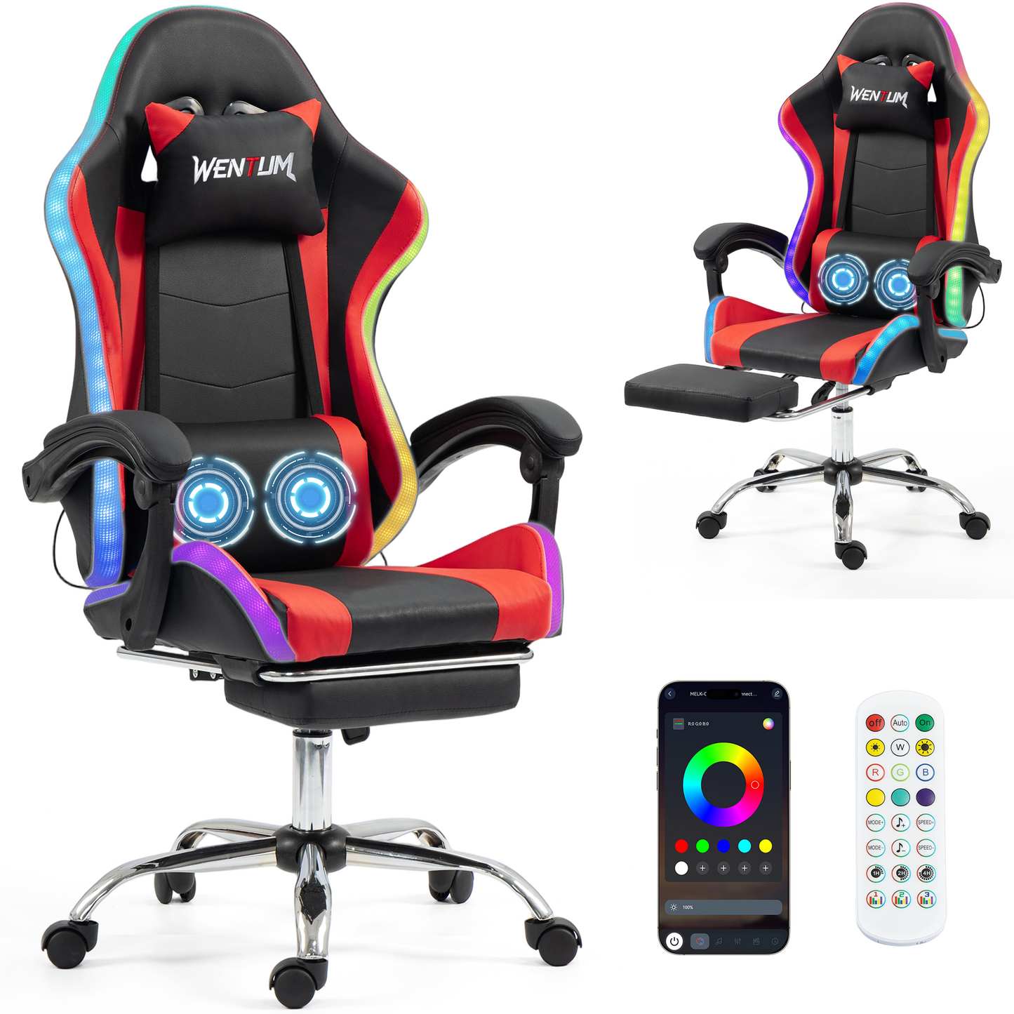 DELMANGO Gaming Chair,Racing Style RGB LED Lights Gaming Chair with Footrest and Massage Lumbar Support ,High Back Reclining Computer Chair for Adults and Kids Red/Black