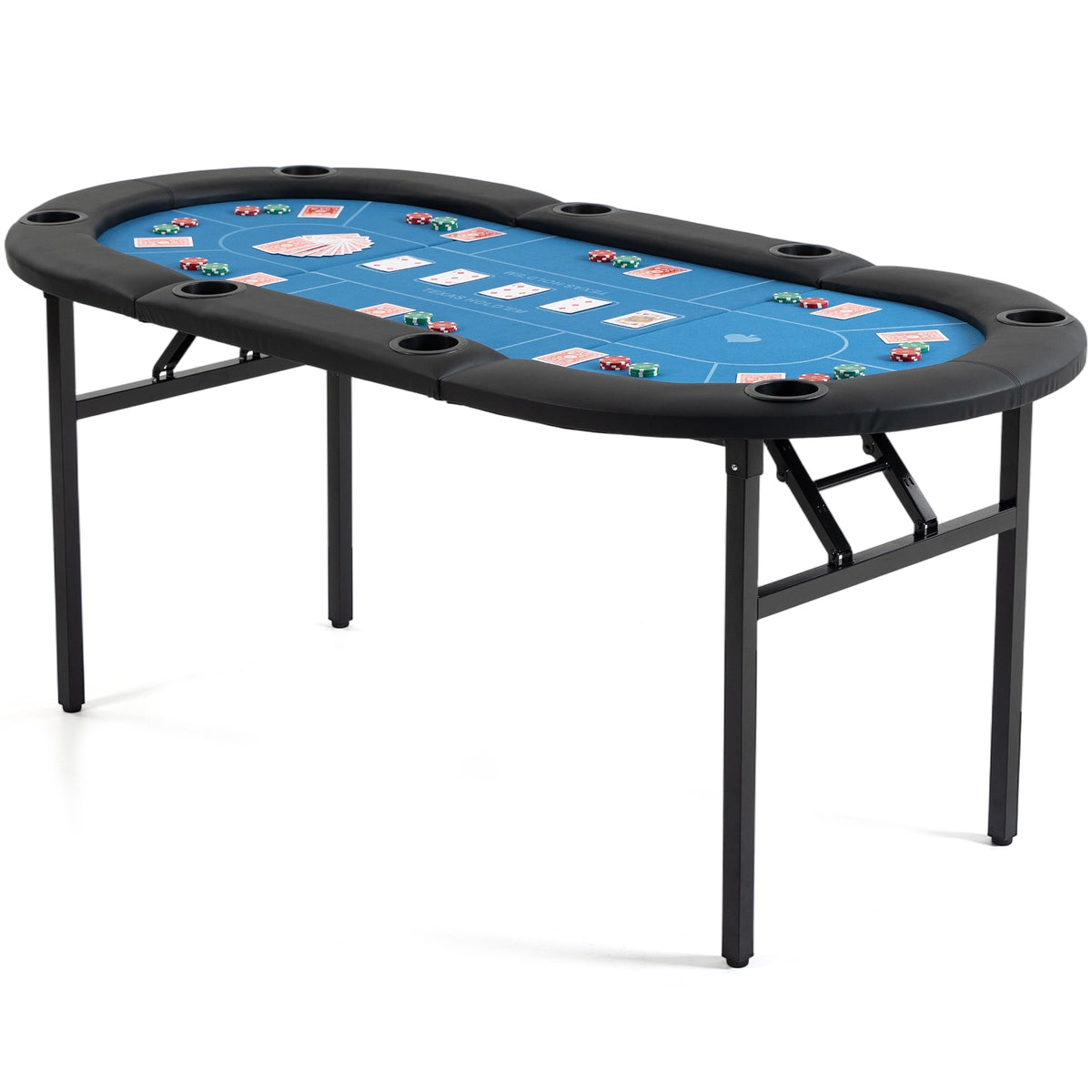 DELMANGO Foldable Poker Table for 8 Players Oval Game Table with Cup Holders & Chip Trays, Portable Casino Table for Texas Holdem, Blackjack, Home Game Nights Blue