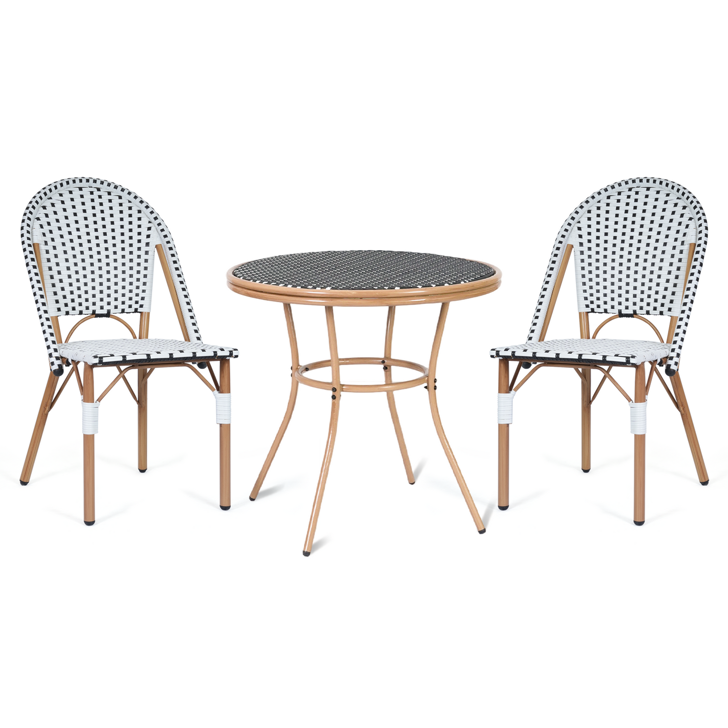 DELMANGO 3 Piece Bistro Table Chair Set, Outdoor Wicker Round Table and 2 Armless Dining Chairs for Garden Balcony Porch, Black/White