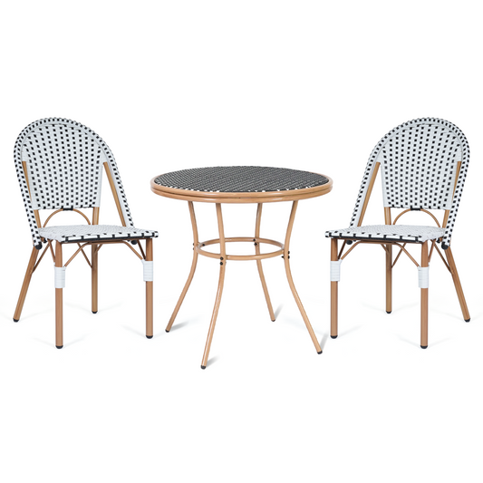 DELMANGO 3 Piece Bistro Table Chair Set, Outdoor Wicker Round Table and 2 Armless Dining Chairs for Garden Balcony Porch, Black/White
