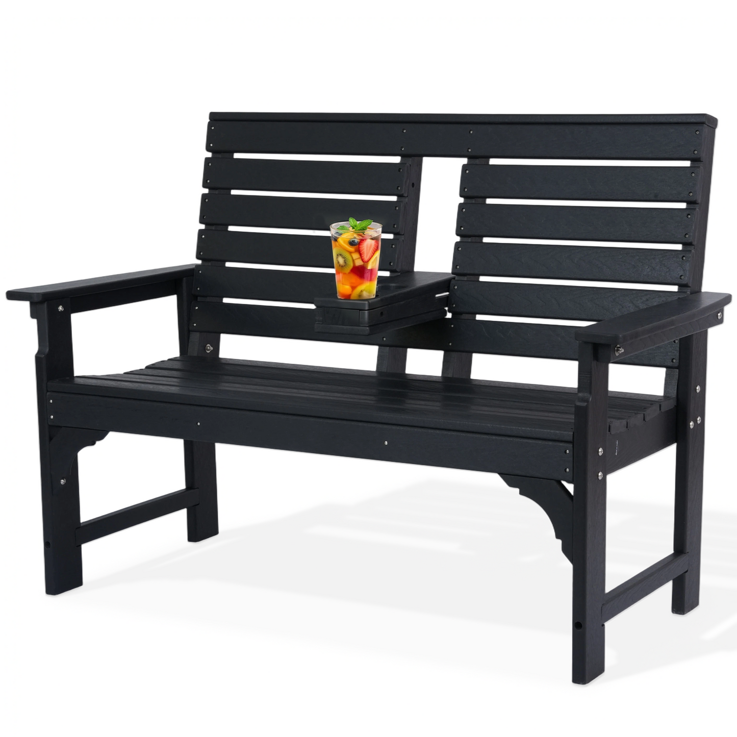 DELMANGO Outdoor Bench with Cup Holders, HDPE 2-Person Weatherproof Patio Benches, Fade/Rot Resistance, Garden Bench for Front Porch Backyard, Black