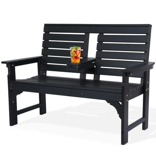 DELMANGO Outdoor Bench with Cup Holders, HDPE 2-Person Weatherproof Patio Benches, Fade/Rot Resistance, Garden Bench for Front Porch Backyard, Black