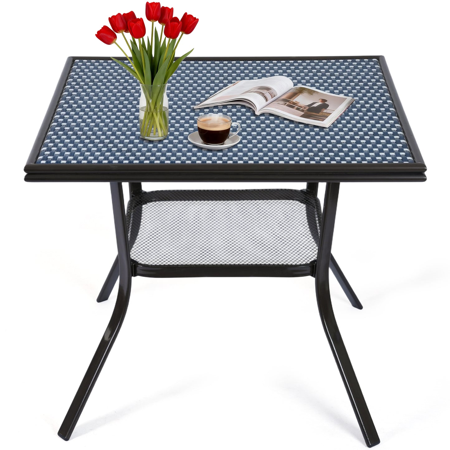 DELMANGO Square Outdoor Bistro Table with Matal Frame and Adjustable Foot Pads for Garden Balcony, Blue/White