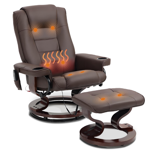 DELMANGO Swivel Massage Recliner with Ottoman, Adjustable Recline Wood Base Faux Leather Lounge Chair, Footrest Accent Chair for Living Room & Bedroom, Brown