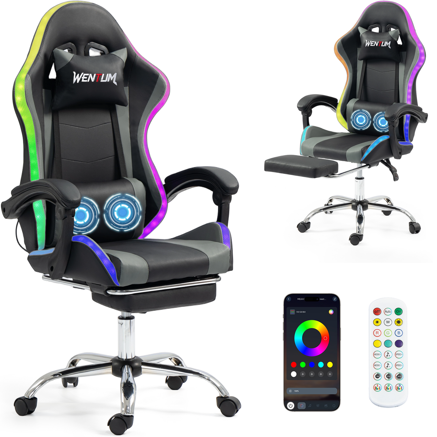 DELMANGO Gaming Chair,Racing Style RGB LED Lights Gaming Chair with Footrest and Massage Lumbar Support ,High Back Reclining Computer Chair for Adults and Kids Gray/Black
