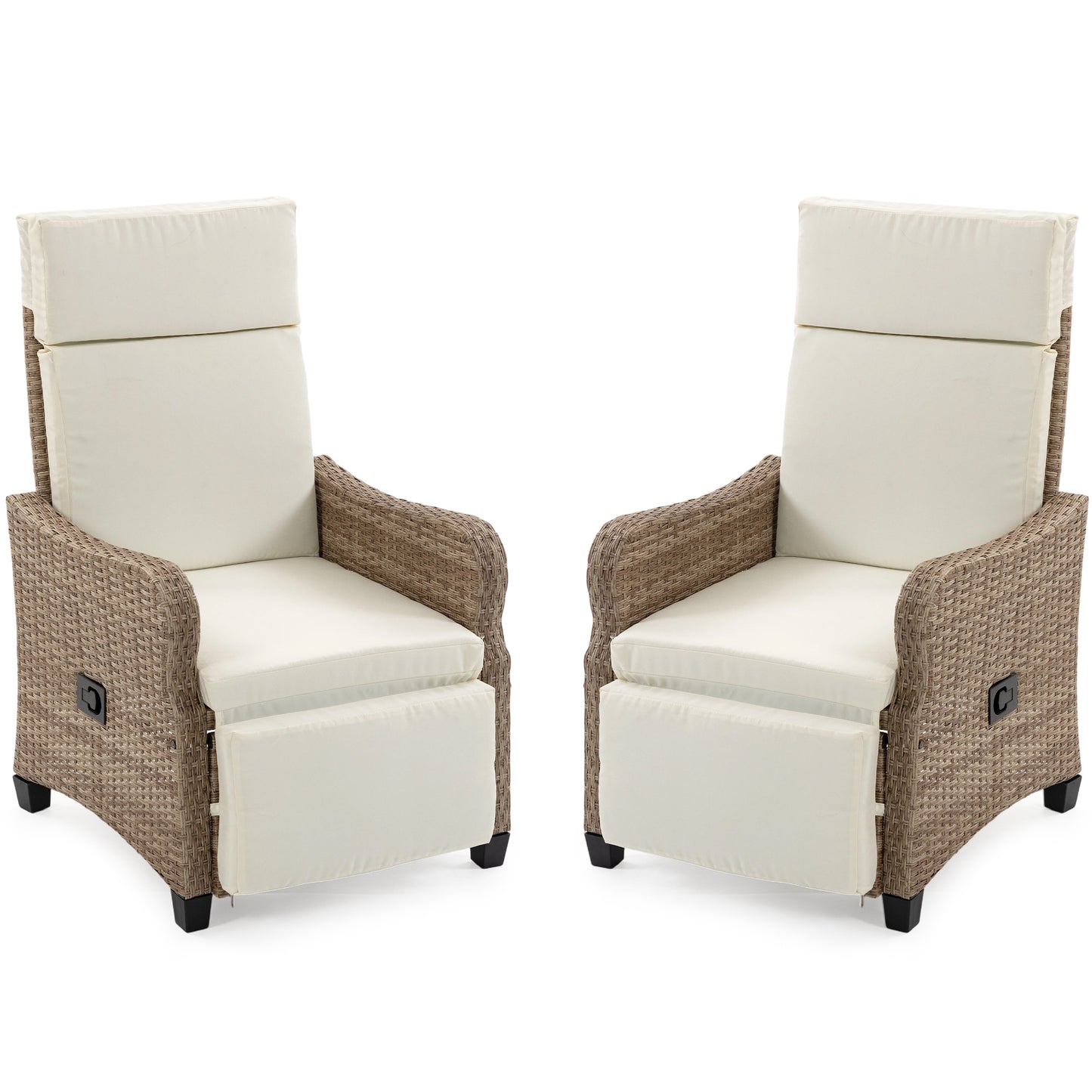 DELMANGO 2-in-1 Outdoor Recliner Chair set of 2, White – Rocking/Flat Footrest, 90°–135° Reclining Backrest, Rattan Wicker & Removable Cushion for Patio, Garden, Balcony, Porch