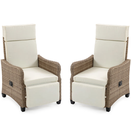 DELMANGO 2-in-1 Outdoor Recliner Chair set of 2, White – Rocking/Flat Footrest, 90°–135° Reclining Backrest, Rattan Wicker & Removable Cushion for Patio, Garden, Balcony, Porch