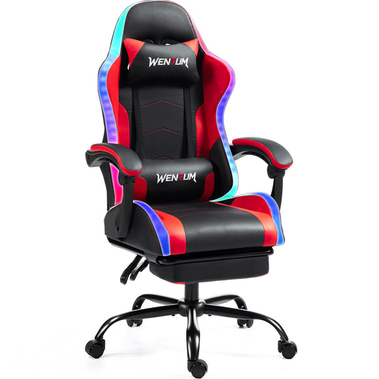 Delmango RGB Ergonomic Gaming Chair with Massage, LED Lights, Footrest, Lumbar Support, Red