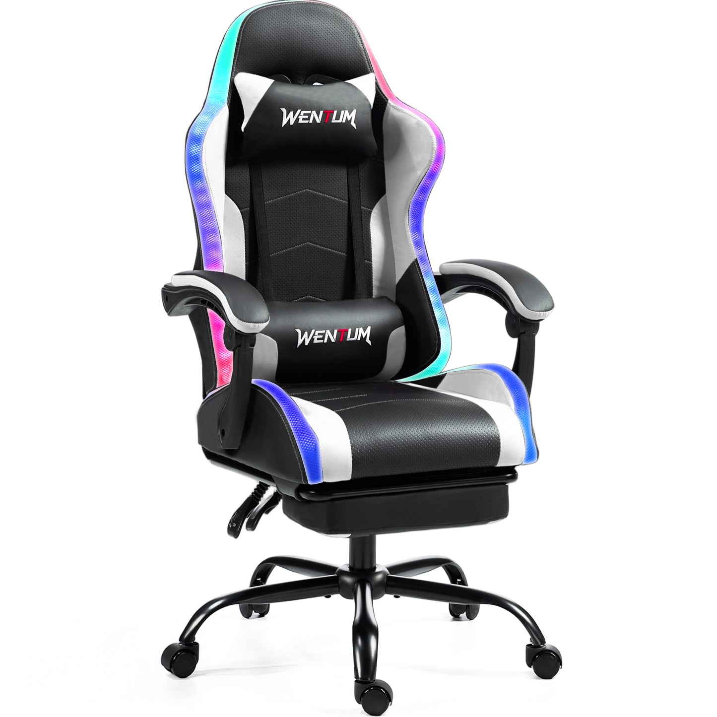 Delmango RGB Ergonomic Gaming Chair with Massage, LED Lights, Footrest, Lumbar Support, White