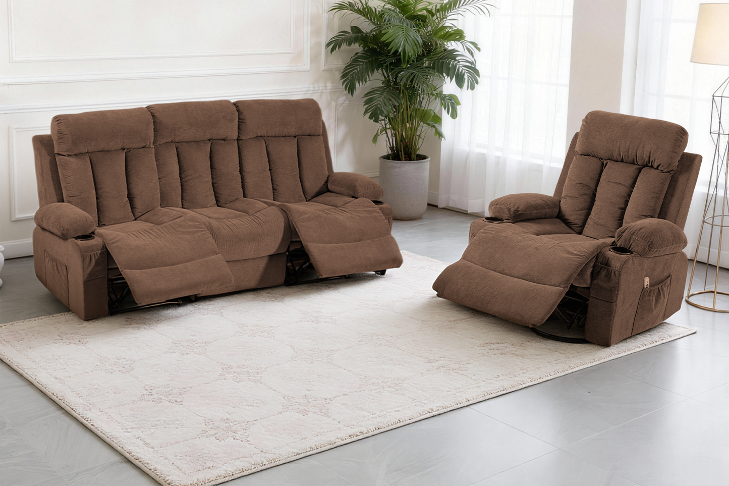 DELMANGO Manual Recliner Sofa Set, 2 Piece Reclining Living Room Furniture Sets with Cup Holders for Home Theater, Office (Brown, Sofa+Chair)