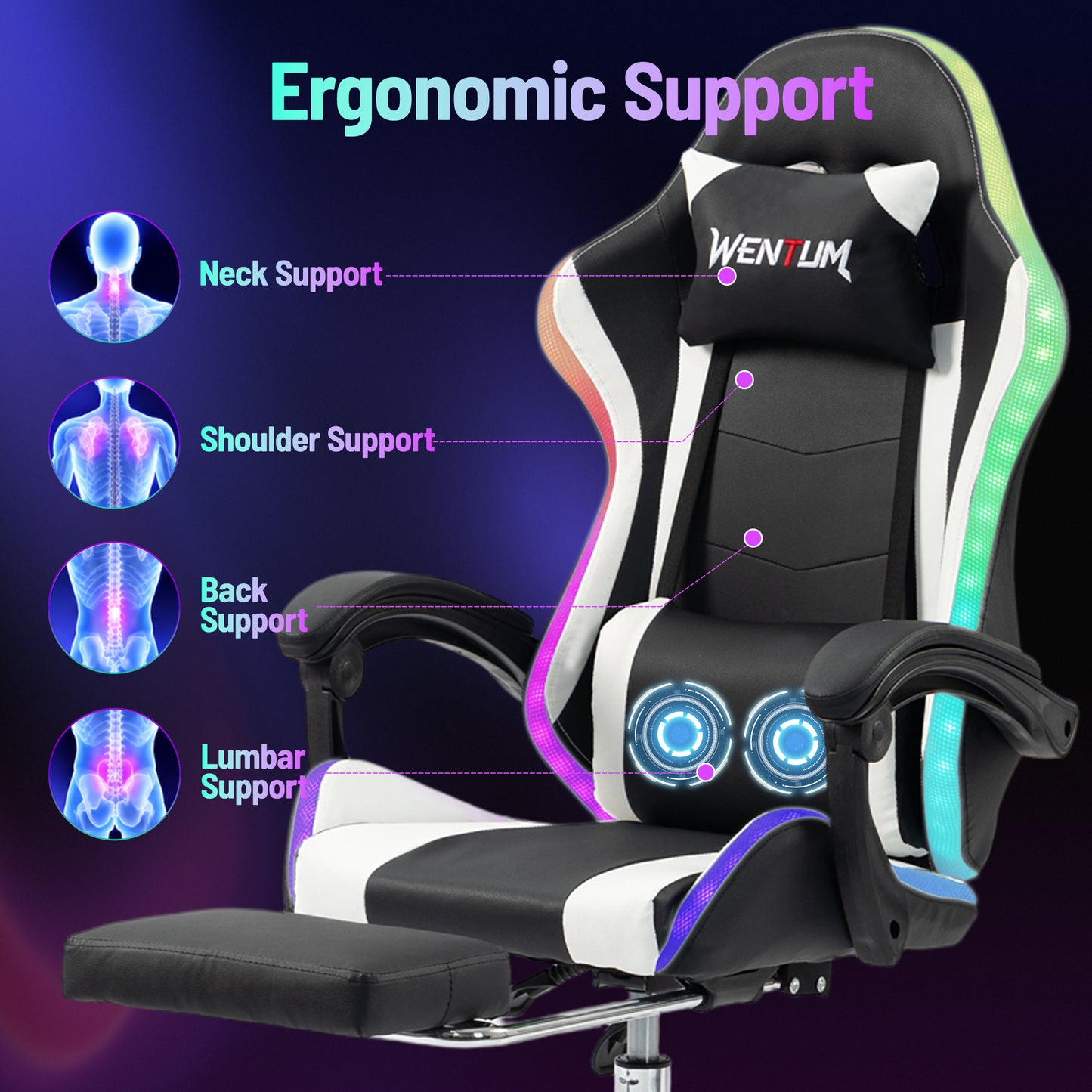 DELMANGO Gaming Chair,Racing Style RGB LED Lights Gaming Chair with Footrest and Massage Lumbar Support ,High Back Reclining Computer Chair for Adults and Kids White/Black