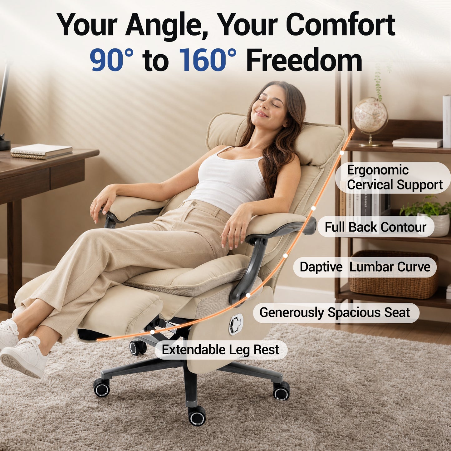 Delmango Executive Office Chair for Big & Tall, USB Charging Port, PU Leather High Back with Footrest, 420lbs Capacity, Electric Recline, Beige