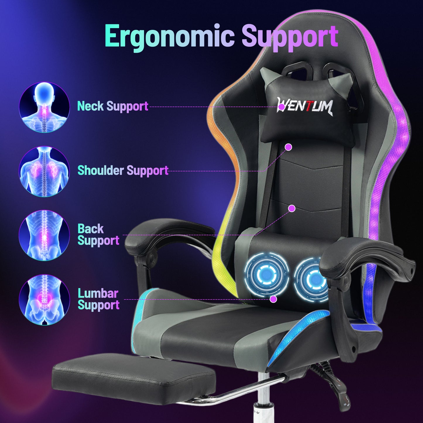 DELMANGO Gaming Chair,Racing Style RGB LED Lights Gaming Chair with Footrest and Massage Lumbar Support ,High Back Reclining Computer Chair for Adults and Kids Gray/Black