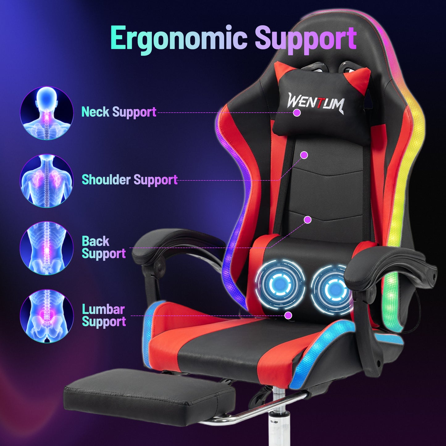 DELMANGO Gaming Chair,Racing Style RGB LED Lights Gaming Chair with Footrest and Massage Lumbar Support ,High Back Reclining Computer Chair for Adults and Kids Red/Black