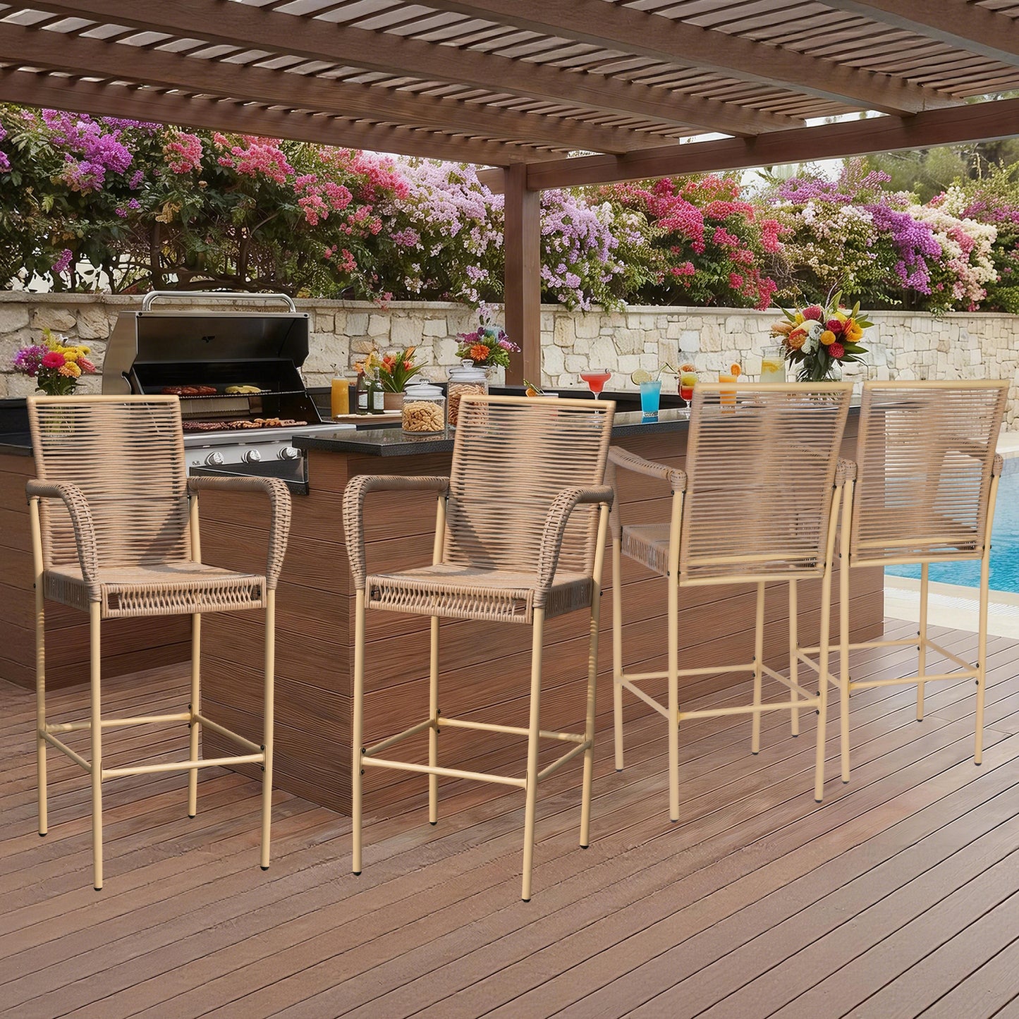 DELMANGO 4Pcs Bar Stool, Counter Height Patio Rattan Bar Stool Chairs with Armrests for Porch Garden Indoor Kitchen, Yellow