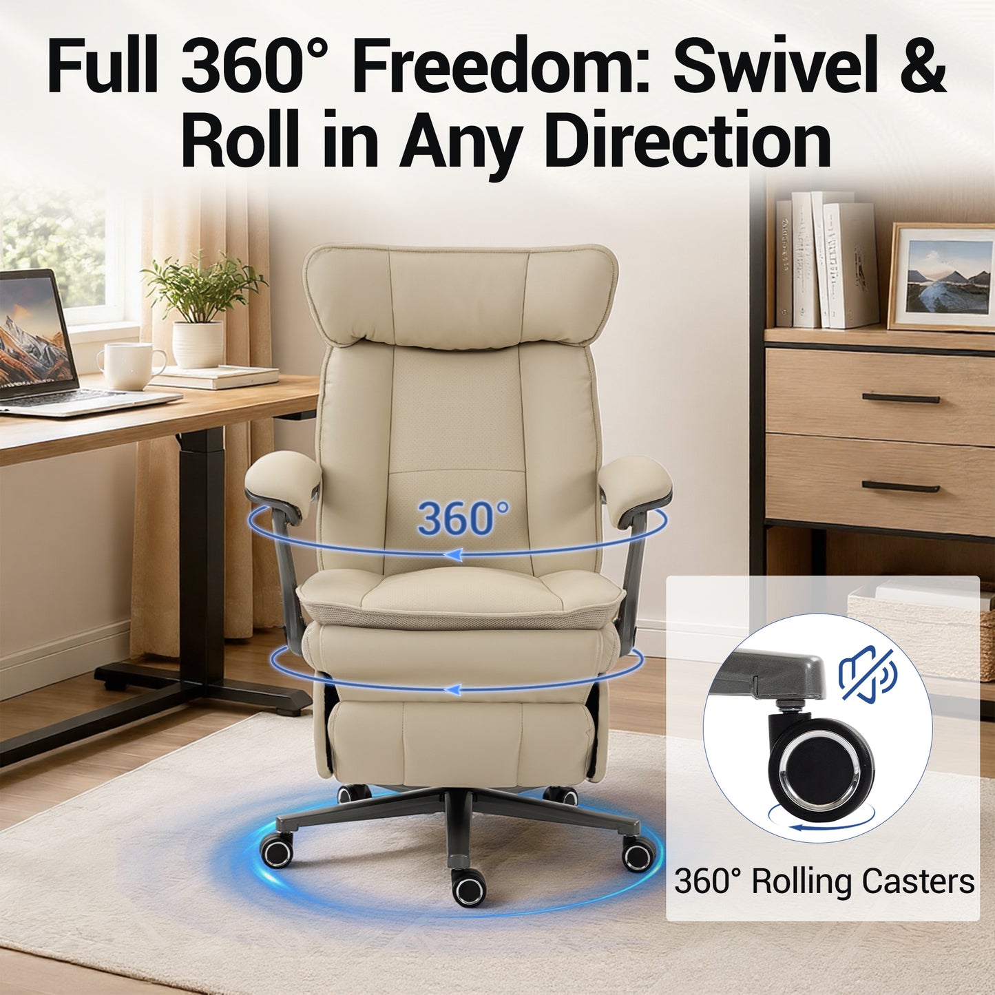 Delmango Executive Office Chair for Big & Tall, USB Charging Port, PU Leather High Back with Footrest, 420lbs Capacity, Electric Recline, Beige