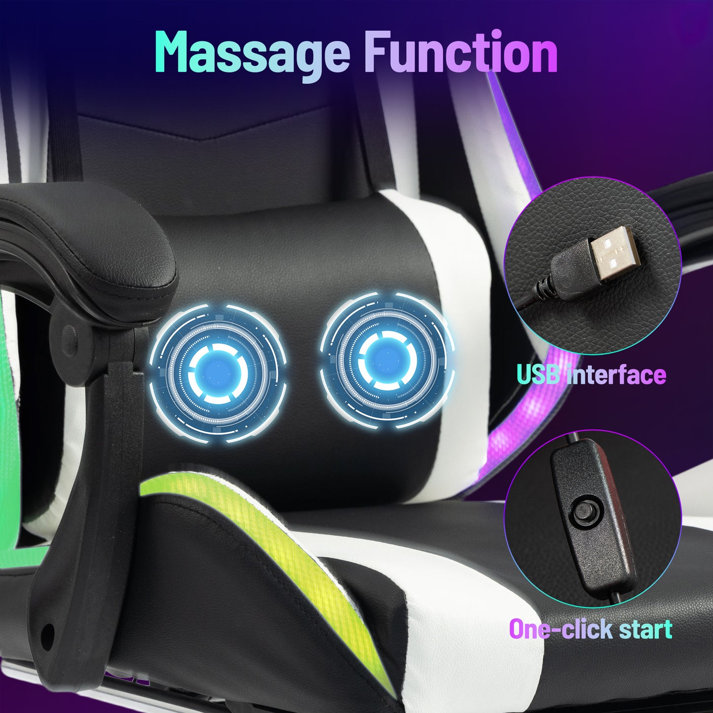 DELMANGO Gaming Chair,Racing Style RGB LED Lights Gaming Chair with Footrest and Massage Lumbar Support ,High Back Reclining Computer Chair for Adults and Kids White/Black